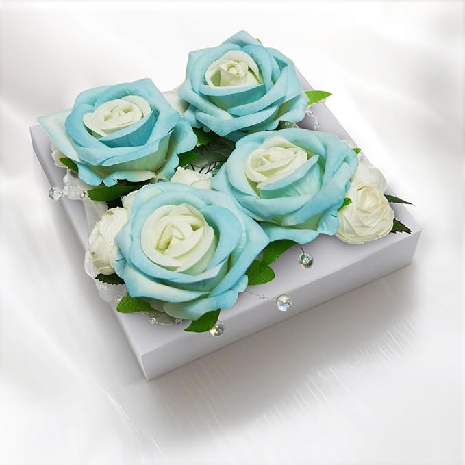 Wrist Corsage and Boutonniere Set, Artificial Rose Corsage Wristlet and Boutonniere for Wedding Prom Party (Blue, 4pcs)
