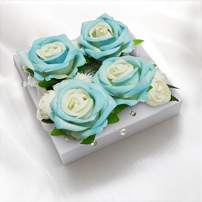 Wrist Corsage and Boutonniere Set, Artificial Rose Corsage Wristlet and Boutonniere for Wedding Prom Party (Blue, 4pcs)