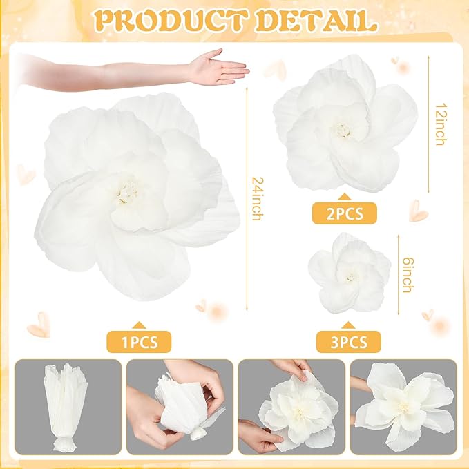Giant Paper Flowers Artificial Large Paper Flower Decoration for Handcrafted Wall Backdrop Christmas Mexican Wedding Graduation Bridal Shower Birthday Party Supplies(White,6 Pcs)