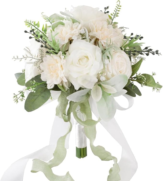 Ivory & Sage Wedding Bouquets for Bride Bridesmaids, Bridal Bouquet for Wedding Silk Artificial Flowers
