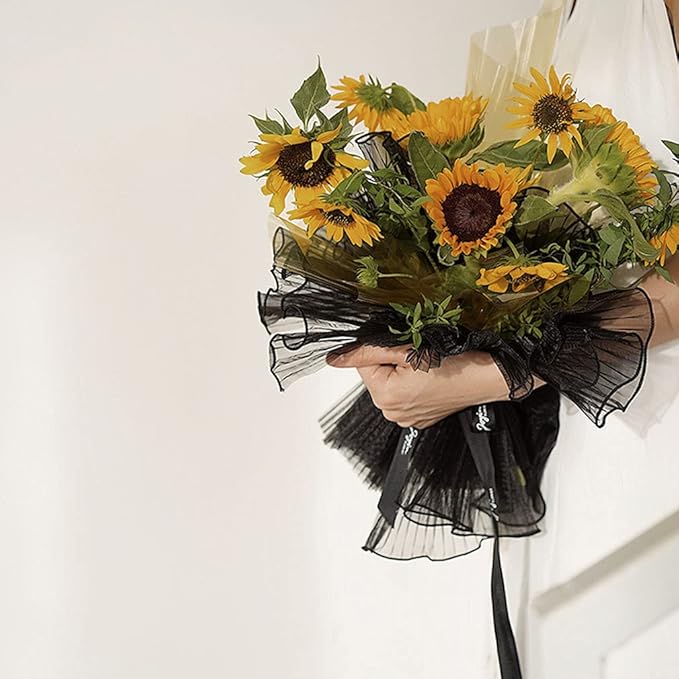Black Korean Fresh Flower Wrapping Mesh Paper Bouquet Floral Packaging Paper Wrinkled Wavy Net Yarn Valentine's Day Flower Shop Supplies Wedding Birthday Decoration 11 X 162 inches/bag (black)