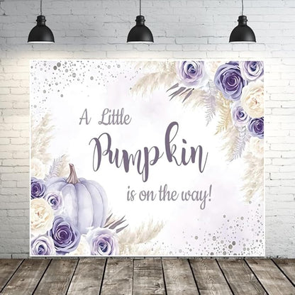 Little Pumpkin Baby Shower Backdrops 10x8ft, A Sweet Little Pumpkin is On The Way Purple Floral Photography Background, Baby Shower Baby Birthday Backdrop Decoration Banner