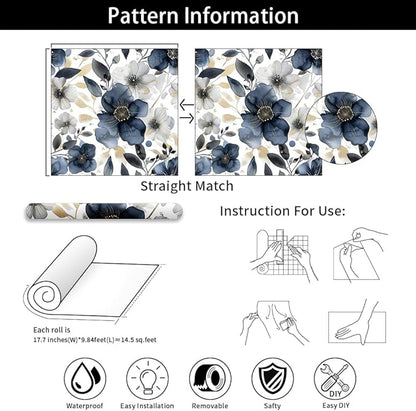 Floral Peel and Stick Wallpaper - Vintage Dark Blue/Gray Flower Boho Wallpaper - Removable, Renter Friendly - 17.71'x236.2'