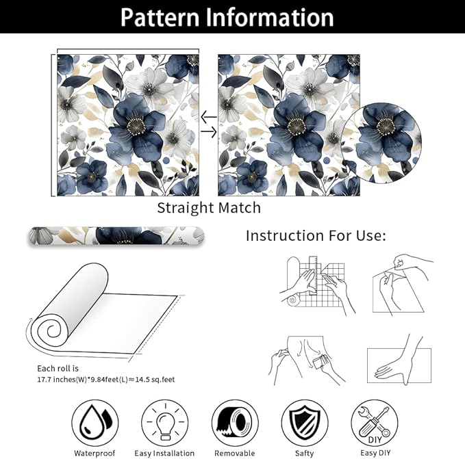 Floral Peel and Stick Wallpaper - Vintage Dark Blue/Gray Flower Removable Boho Wallpaper for Bedroom Bathroom - Renter Friendly Contact Paper - 17.71'x118.1'