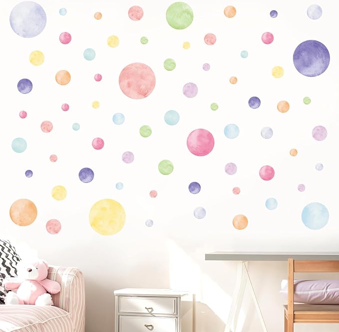 AOWDIAO 68 Large Watercolor Polka Dot Wall Decals, Peel and Stick Vinyl Stickers for Girls Bedroom, Nursery, Playroom, Classroom Pastel Decor