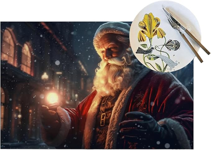PVC Placemats Set of 4 Wipeable Table Mats Washable Heat Resistant Non Slip Vinyl Dining Table Mat for Kitchen Indoor Outdoor Patio Farmhouse Place Mats Vintage Christmas Santa Claus Decorative