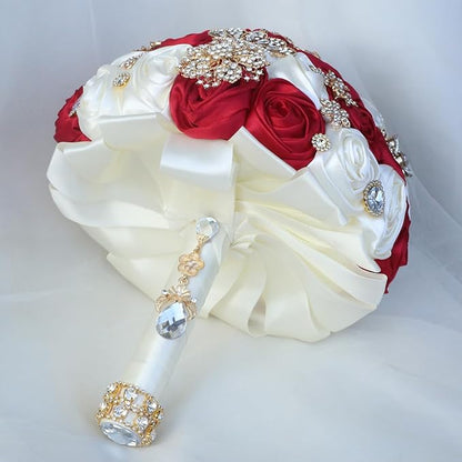 Handmade Satin Rose Floral Bling Pearl Decor Bridal Wedding Bouquet Rhinestone Pendant Artificial Brooch Flowers for Bride Bridesmaid Quinceanera