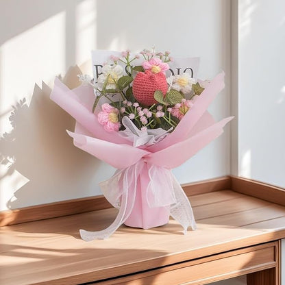 Crochet Flowers Bouquet Crochet Tulip Flower Pink Crochet Knitted Flowers for Teacher's Day Mother's Day Valentine's Day Birthday Home Decor(Medium-Pink Tulip)