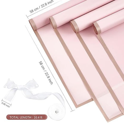 Jutieuo 20 Sheets Pink Flower Wrapping Paper, Waterproof Floral Wrap Gold Edge Bouquet Wrapping Paper Florist Supplies (22.8 x 22.8 inch)
