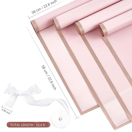 Jutieuo 20 Sheets Pink Flower Wrapping Paper, Waterproof Floral Wrap Gold Edge Bouquet Wrapping Paper Florist Supplies (22.8 x 22.8 inch)