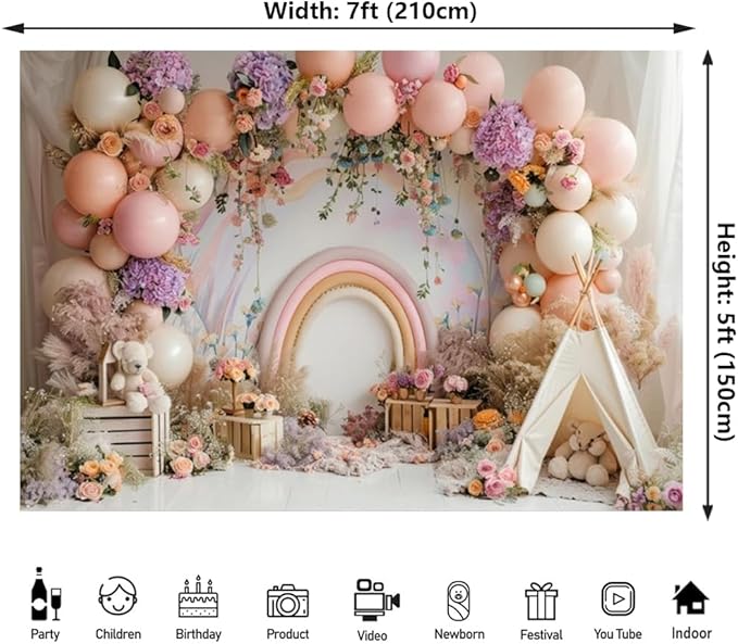 Newborn Baby 1st Birthday Photography Backdrop - Boho Balloons Tent Flower Decor Background for Kids Birthday, Baby Shower Party Portrait Cake Smash Props (7x5ft)