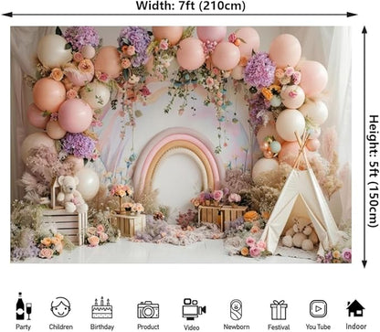 Newborn Baby 1st Birthday Photography Backdrop - Boho Balloons Tent Flower Decor Background for Kids Birthday, Baby Shower Party Portrait Cake Smash Props (7x5ft)