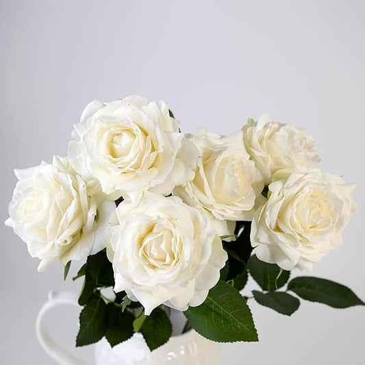 Real Touch Artificial Roses 6pcs, Floyd Roses,17.3”Faux Silk Roses Bouquet for Home Decor, Wedding Centerpieces, Romantic Gifts & Party Arrangements, Fuchsia Realistic Flowers (White)