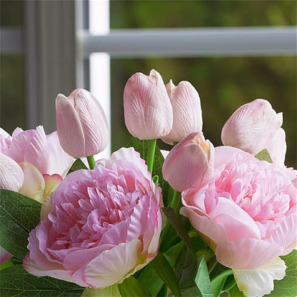 ENOVA FLORAL Artificial Flower Arrangement with Vase, Faux Flower in Vase, Mixed Artificial Real Touch Tulip and Fake Silk Peony Flower in Vase for Decoration Home Office Centerpiece (Pink)