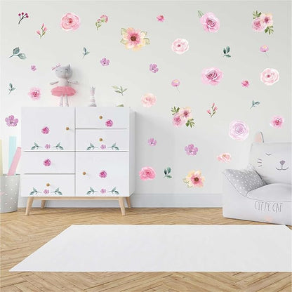 Floral Wall Decals Peel and Stick | 60PCS Watercolor Peony Flower & Leaves Stickers | Removable Vinyl Wall Art for Girls Bedroom, Nursery, Living Room | Pastel Home Decor