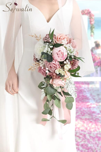 Serwalin 9.8 Inch Wedding Bouquets for Bride Bridesmaid, Dusty Pink Peonies Bridal Bouquets for Bride, Wedding Flowers Bouquet Tossing Bouquet, Wedding Ceremony and Anniversary Day Decor