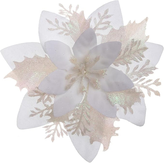 Zhuqing 15Pcs Christmas Poinsettia Artificial Flowers Decorations, Glitter Poinsettia Christmas Tree Ornaments, Black Tree Flowers for Xmas/Wedding/Holiday/Wreath/Garland Decor, with Cilps, 5.5 Inch