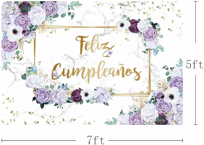 MEHOFOND 7x5ft Feliz cumpleaños Backdrop Purple and White Flower Birthday Photography Background Girls Geometric Gold Glitter Dots Birthday Floral Party Decorations Cake Smash Decor Studio Photo Props