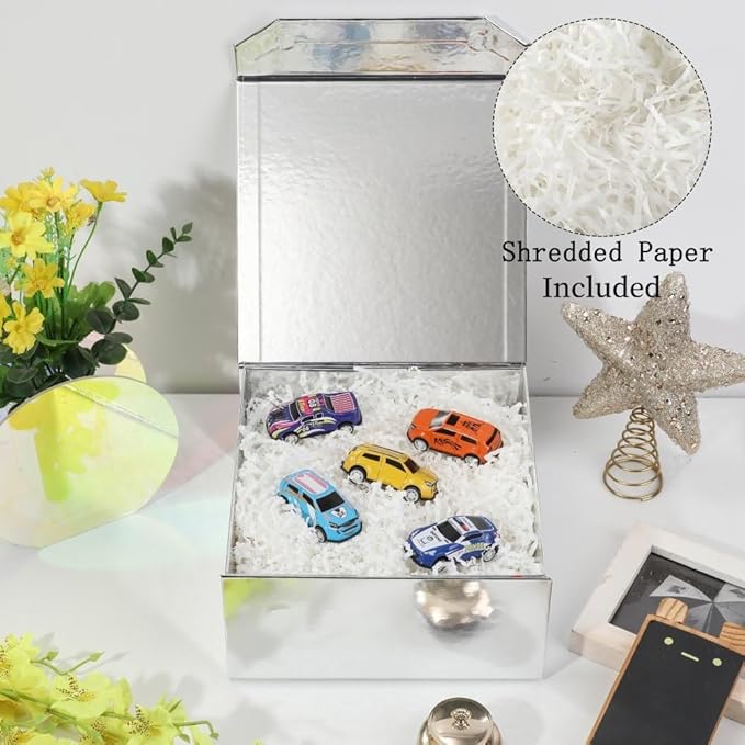 1 Pcs Small Silver Gift Box 8x8x4 Inch Magnetic Box with Crinkle Paper Silver Small Gift Box with Shredded Paper Luxury Gift Boxes with Lids for Presents