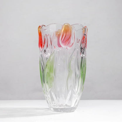 Glass Flowers Vase 9.3 inch Tall, Unique Crystal Vases for Tables Centerpieces, Vintage and Tulip Shape Large Vases Christmas Thanksgiving Gifts. (Green)