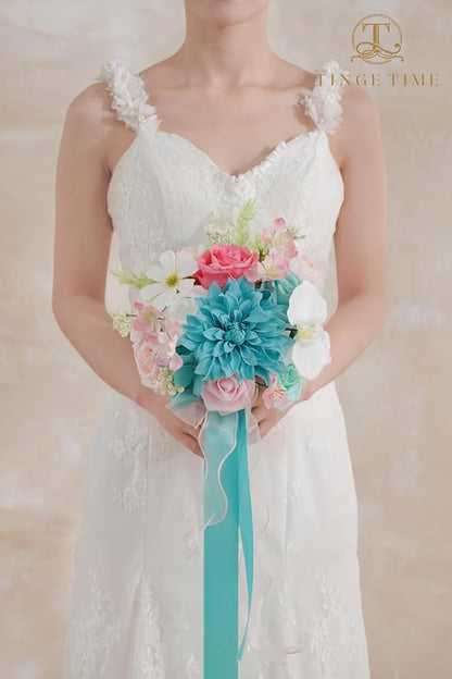 TINGE TIME Artificial Flowers Combo Set Teal Blue & Pink Flowers Mix Silk Flowers Roses with Stem for DIY Wedding Bridal Bouquets Baby Shower Floral Arrangement Table Centerpieces Home Decorations