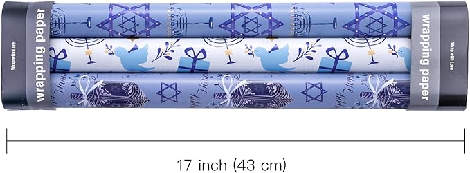 WRAPAHOLIC Hanukkah Wrapping Paper Roll - Mini Roll - 3 Rolls - 17 Inch x 120 Inch Per Roll - Menorah Lights, the Star of David and Dreidels Design