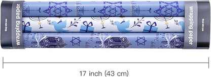 WRAPAHOLIC Hanukkah Wrapping Paper Roll - Mini Roll - 3 Rolls - 17 Inch x 120 Inch Per Roll - Menorah Lights, the Star of David and Dreidels Design