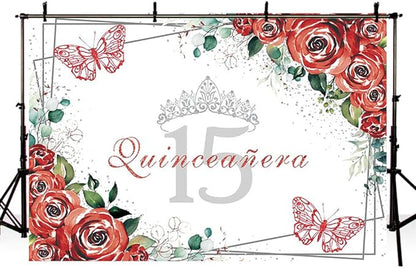 Sendy 7x5ft Quinceañera Backdrop Mis Quince 15 Anos Birthday Party Decoration Supplies for Girl Princess Red Floral Flower Butterfly Silver Crown Photography Background Photo Booth Studio Props