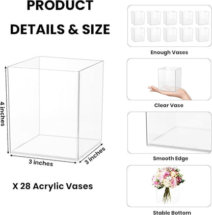 28 Pack Plastic Vases for Centerpiece, Bulk Small Acrylic Vase Clear Plastic Vases for Flowers, Wedding, Home, Office Floral Decor (3x3x4 Inch)