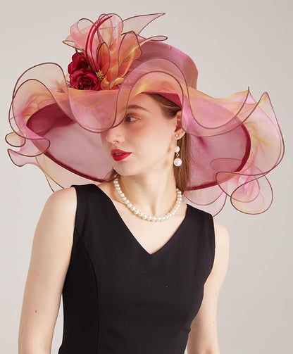 Organza Derby Hats for Women Wide Brim Fascinator Hat Rose Flower Wedding Tea Party Hat