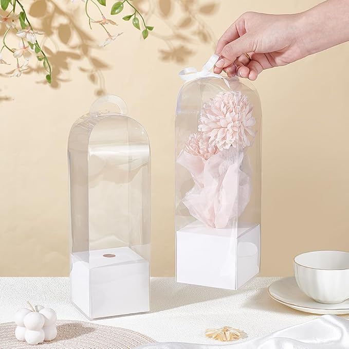 BENECREAT 12Pcs Single Rose Flower Box Empty Bag, Clear Flower Packing Boxes Flower Gift Boxes for Graduation Wedding Birthday Floral Gift Floral Arrangement Supply, White