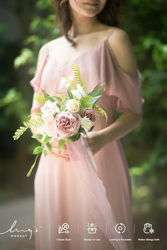 Ling's moment Artificial Flowers Pink Bridesmaid Bouquet Set of 6, Dusty Rose Wedding Flowers Bouquets for Bridesmaids, 7 Inch Bridal Bouquets for Bridesmaids, Wedding, Ceremony, Anniversary, etc