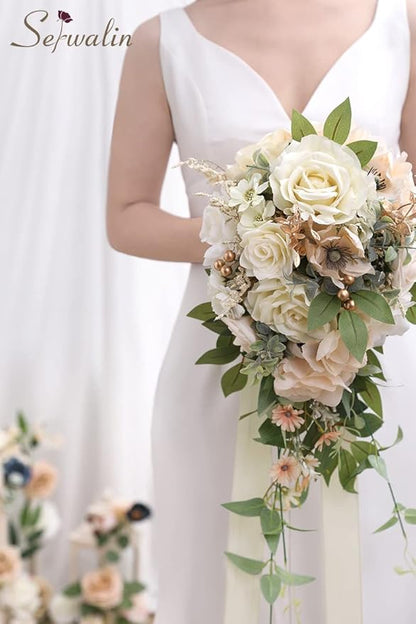 Serwalin 9.8 Inch Wedding Bouquets for Bride Bridesmaid, Champagne Rose Bridal Bouquets for Bride, Wedding Flowers Bouquet Tossing Bouquet, Wedding Ceremony and Anniversary Day Decoration