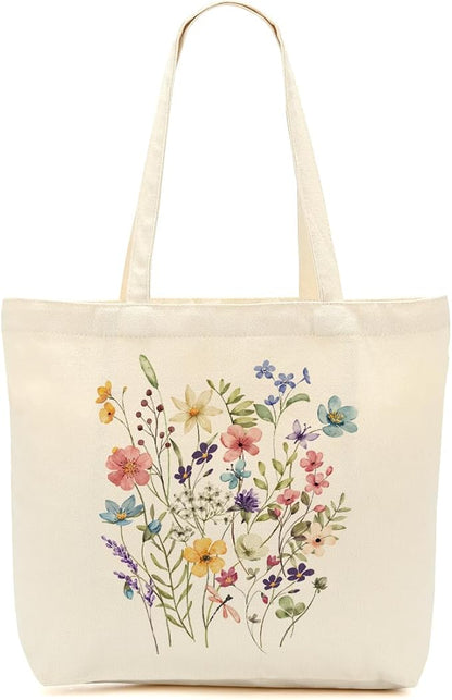 Aesthetic Floral Canvas Tote Bag for Women with Pocket, Tote Bags for Grocery Shopping Travel Christmas Birthday