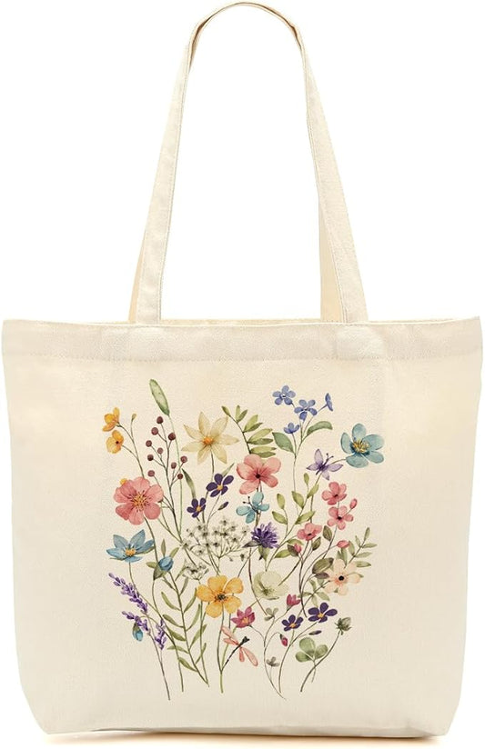 Aesthetic Floral Canvas Tote Bag for Women with Pocket, Tote Bags for Grocery Shopping Travel Christmas Birthday