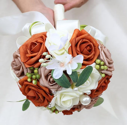 Lightweight Bridal Wedding Bouquet Round Holding Bouquet Throw Toss Artificial Rose Flower Bunch for Bride Bridesmaid Wedding Quinceanera (Cream, Coral & Rosy Brown, 6.7")