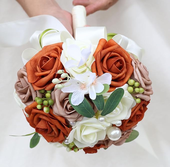 Lightweight Bridal Wedding Bouquet Round Holding Bouquet Throw Toss Artificial Rose Flower Bunch for Bride Bridesmaid Wedding Quinceanera (Cream, Coral & Rosy Brown, 9.1")