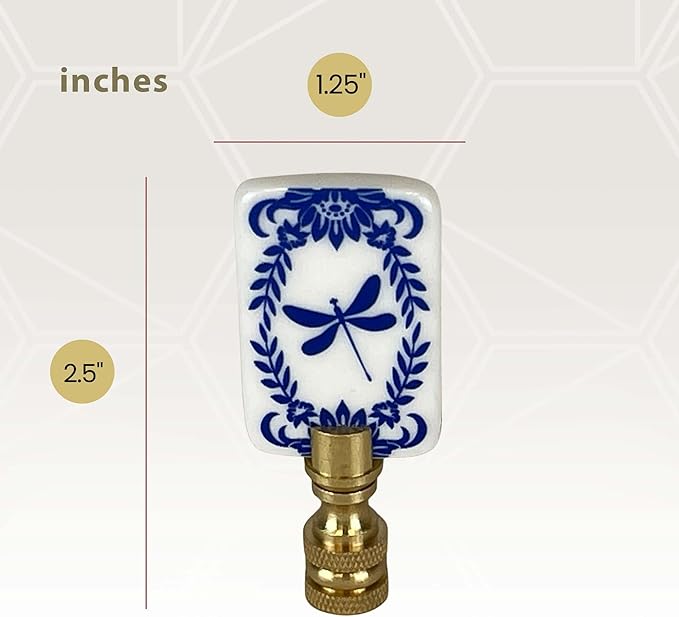 Royal Designs, Inc. Blue/White/Black Porcelain Dragonfly Finial for Lamp Shade, Polished Brass