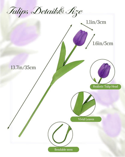 MACTING 30 PCS Artificial Tulip Flowers 13.7" Real Touch Fake PU Tulips Bouquet Faux Purple Flowers for Floral Arrangements Table Centerpiece Kitchen Home Indoor Outdoor Summer Decorations