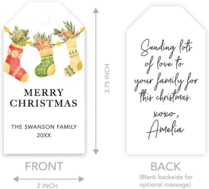 Andaz Press Personalized Christmas Holiday Season Classic Gift Tags, Merry Christmas Custom Family Name and Year, Watercolor Vintage Knit Stockings Design, Holiday Events, Parties, Favors, 60-Pack