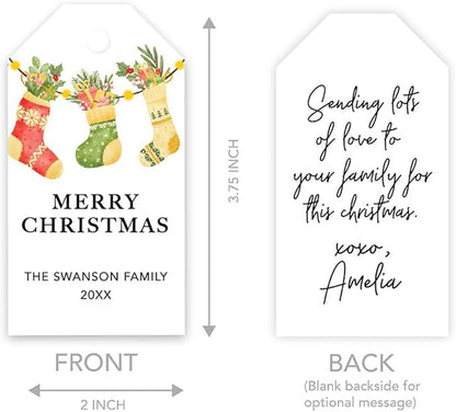 Andaz Press Personalized Christmas Holiday Season Classic Gift Tags, Merry Christmas Custom Family Name and Year, Watercolor Vintage Knit Stockings Design, Holiday Events, Parties, Favors, 60-Pack
