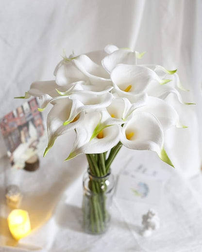 DuHouse 12Pcs Artificial Calla Lily Flower Real Touch Latex Flowers for DIY Wedding Bouquet Party Home Decor(White-Yellow Core)