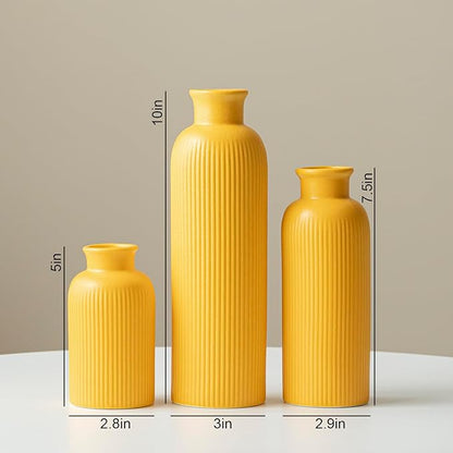 Modern Ceramic Vase Set, Yellow Ribbed Matte Design, 3-Piece Decorative Vases for Home, Living Room, Office (Yellow)