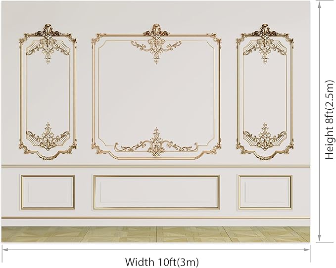 AOFOTO Vintage Room Inside Backdrop Modern French Classic Frame White Walls Gold Embossed Floral Photo Background Wedding Bridal Shower Reception Drama Portrait Photoshoot Backdrop Props 10x8ft