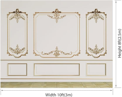 AOFOTO Vintage Room Inside Backdrop Modern French Classic Frame White Walls Gold Embossed Floral Photo Background Wedding Bridal Shower Reception Drama Portrait Photoshoot Backdrop Props 10x8ft
