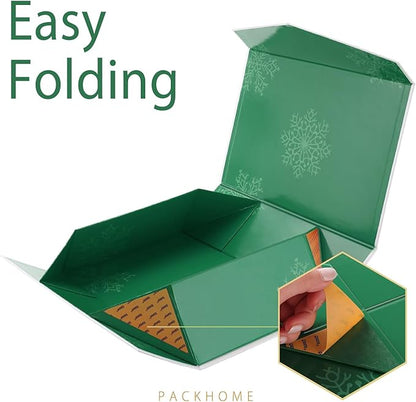 PACKHOME 6 Large Christmas Gift Boxes with Lids 13.5x9x4.1 Inches, Sturdy Collapsible Gift Boxes with Magnetic Closure (Green Snowflake Pattern)