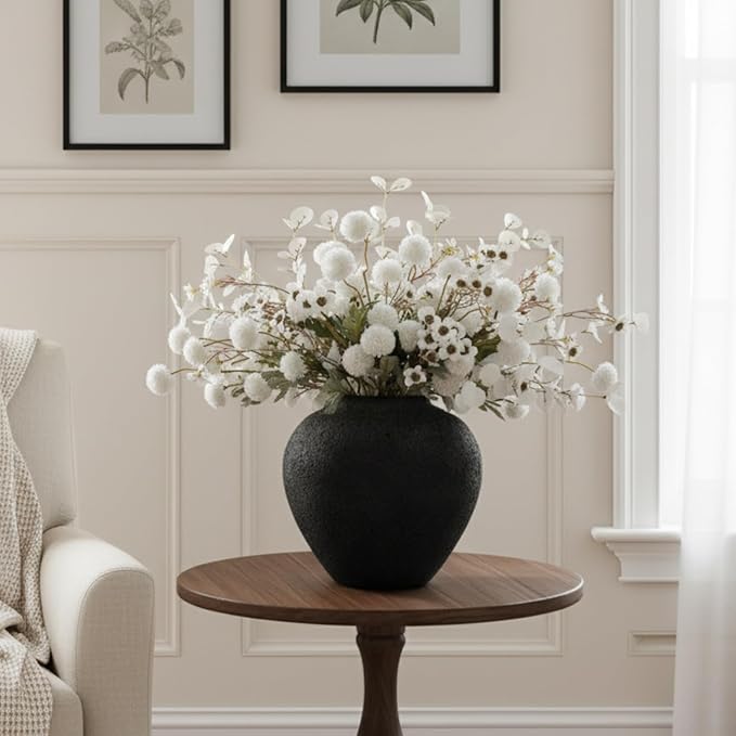 Black Large Round Vase Pottery Look for Home Decor, Arina Black Rustic Vase Modern Farmhouse, Console Table Decor, Earthy Textured Big Black Round Vases for Centerpieces, Jarrones Grandes