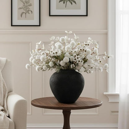 Black Large Round Vase Pottery Look for Home Decor, Arina Black Rustic Vase Modern Farmhouse, Console Table Decor, Earthy Textured Big Black Round Vases for Centerpieces, Jarrones Grandes