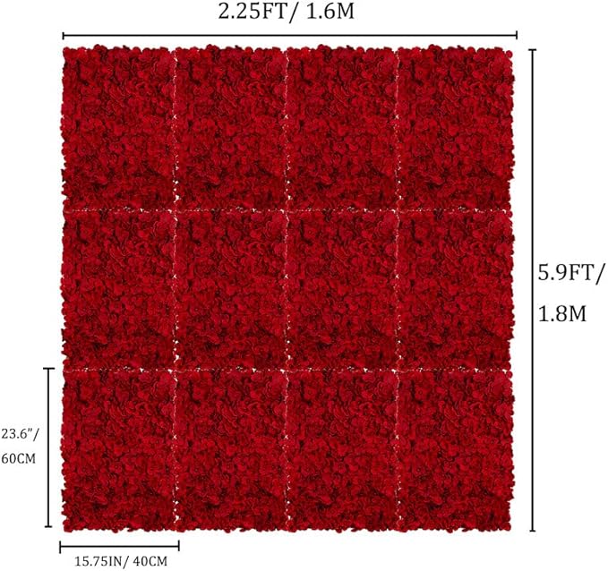 BLOSMON Flower Wall Panel Backdrop - 12 Pcs 24 x 16 Inch Red Artificial Hydrangea Floral Panels for Wedding Party Baby Bridal Shower Decor - 3D Fake Silk Flower Backdrop Decoration