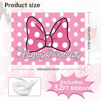 Pink Cartoon Dot Birthday Party Backdrop Banner with Bow Design, 59.1 x 39.4 inches, Photo Background with 32ft Ribbon